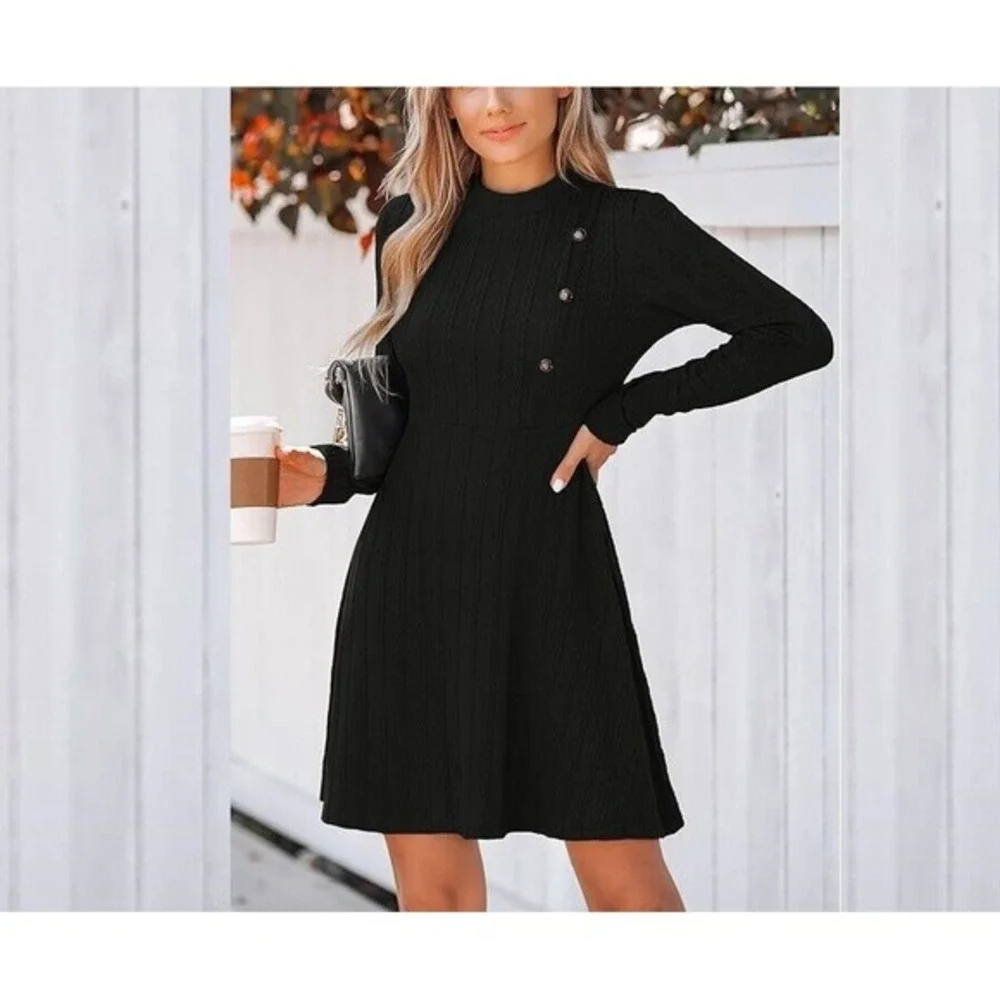 CUPSHE Women's Mini Dress Round Neck Long Sleeve Textured Button Design Knitted